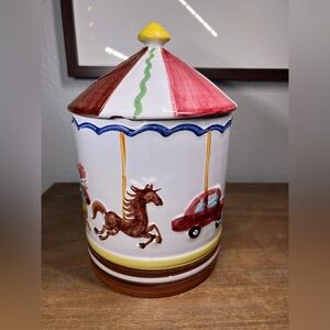 FRATELLI FANCIULLACCI Pottery cookie jar & lid Carousel Horse Rooster Duck ITALY